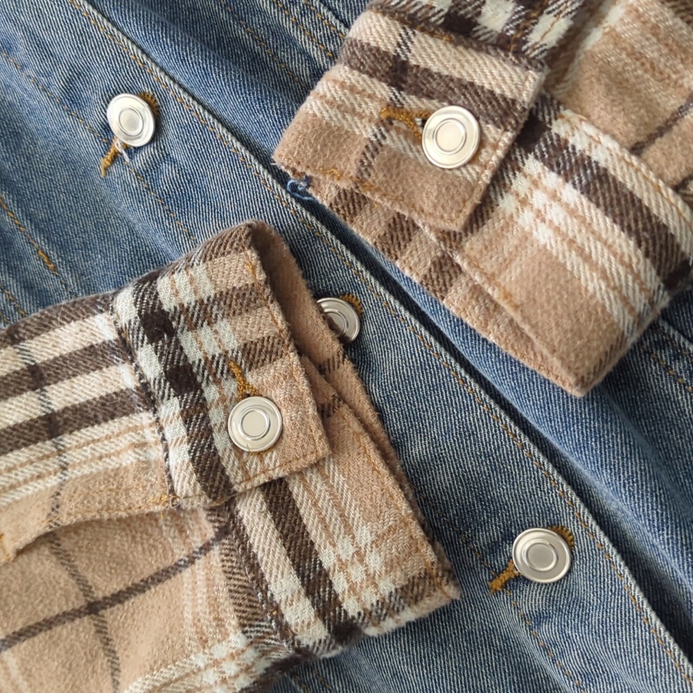 BLUE B COLLECTION I Boutique Denim & Plaid Flannel Contrast Jean Jacket, L - Picture 9 of 15
